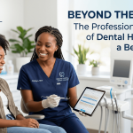 A professional African dental hygienist at Deans Dental explaining oral science to a patient using a digital tablet in a modern clinic setting