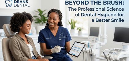 A professional African dental hygienist at Deans Dental explaining oral science to a patient using a digital tablet in a modern clinic setting