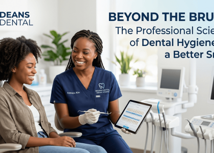 A professional African dental hygienist at Deans Dental explaining oral science to a patient using a digital tablet in a modern clinic setting