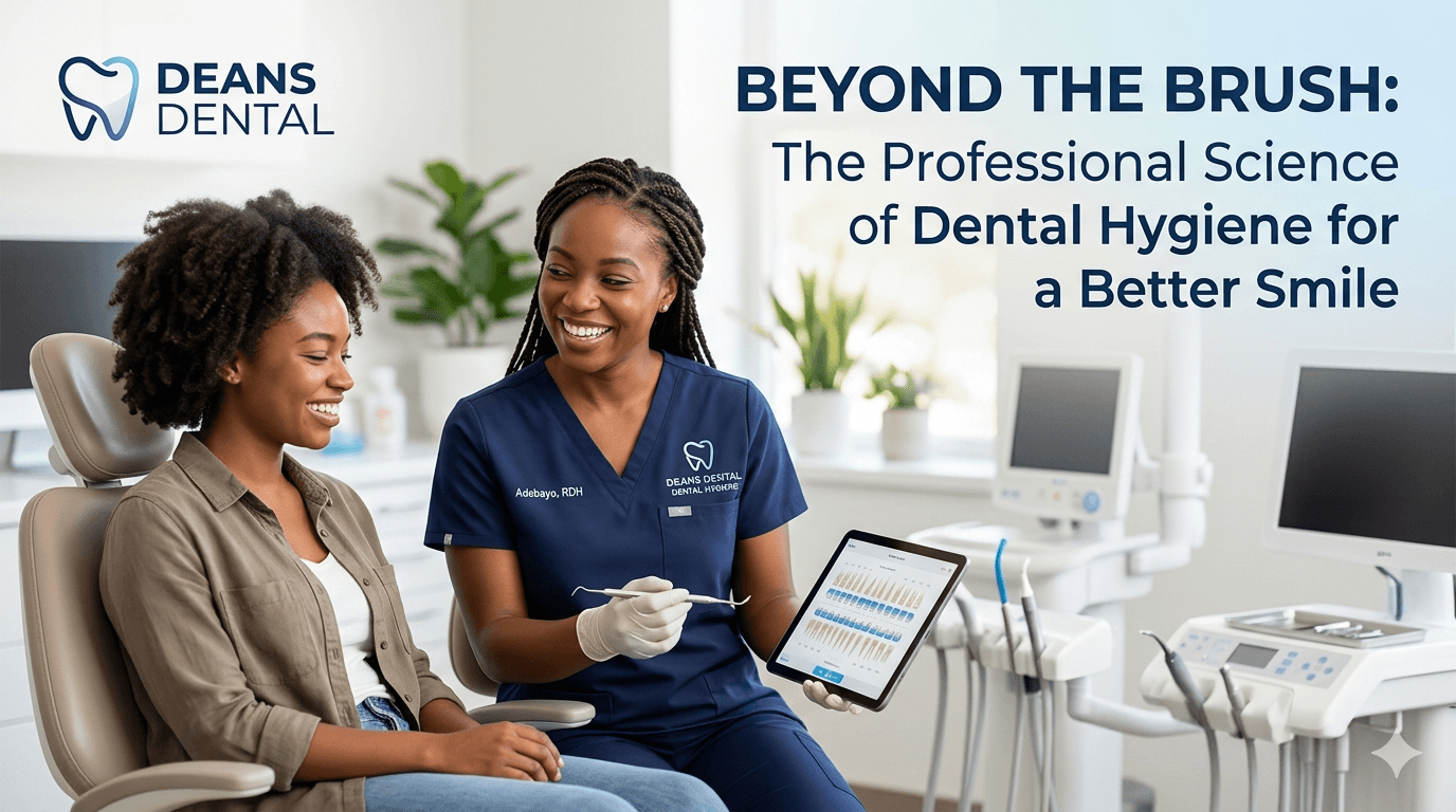 A professional African dental hygienist at Deans Dental explaining oral science to a patient using a digital tablet in a modern clinic setting