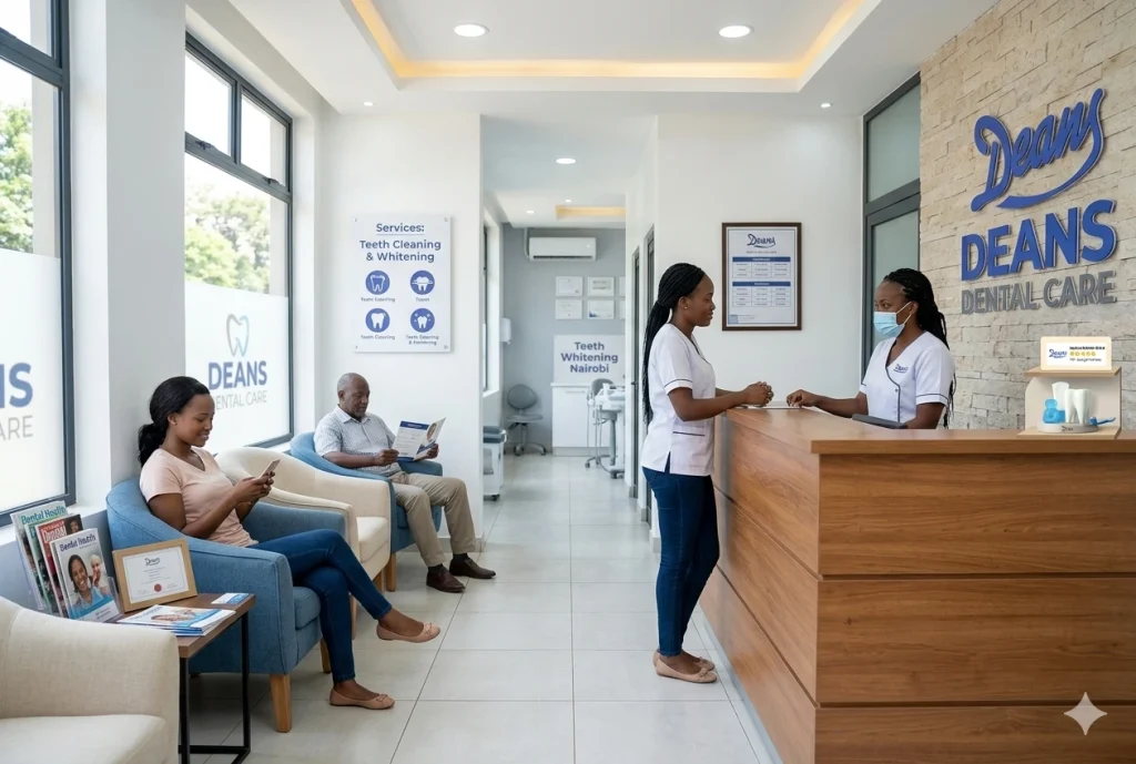 Patients waiting for professional treatment at Deans Dental Care. We offer answers to 'how much is teeth cleaning in Kenya 2026' with affordable rates and expert care. Our services include deep cleaning and gum treatment, and we provide safe teeth whitening for sensitive teeth to remove tobacco and coffee stains. Visit our branches at Garden City Mall on Thika Road or Runda Mall on Kiambu Road