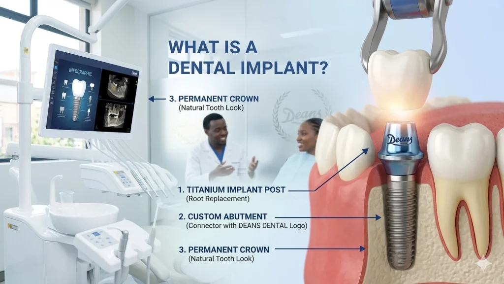 Affordable dental implant treatment in Nairobi, Kenya at Deans Dental Garden City offering missing teeth replacement, titanium dental implants, smile restoration, cosmetic dentistry, and advanced restorative dental procedures.