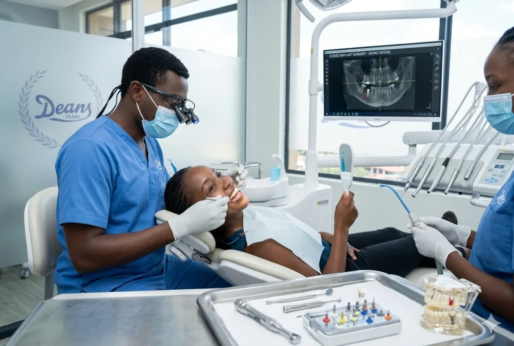 Advanced dental implant surgery at Deans Dental Garden City Nairobi, Kenya providing permanent tooth replacement, cosmetic dental implants, missing tooth restoration, implant-supported crowns, and modern restorative dentistry solutions.
